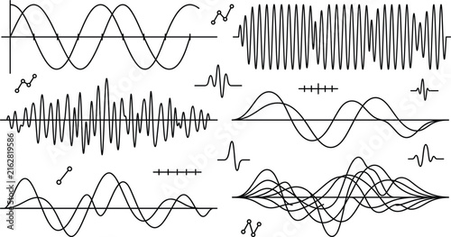 Sound Wave and Audio Frequency Vector Set with Sine Diagrams, Radio Signals, Music Equalizer Lines, and Scientific Vibration Amplitude Graphics