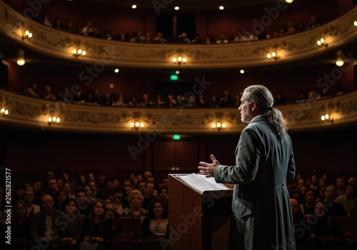 A confident role actor portraying a historical figure addresses an audience during a live performance in a large theater space ,performer ,theatrical ,stage