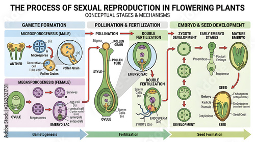 The process of sexual reproduction in flowering plants conceptual stages diagram