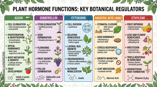 Plant hormone functions and key botanical regulators educational infographic diagram