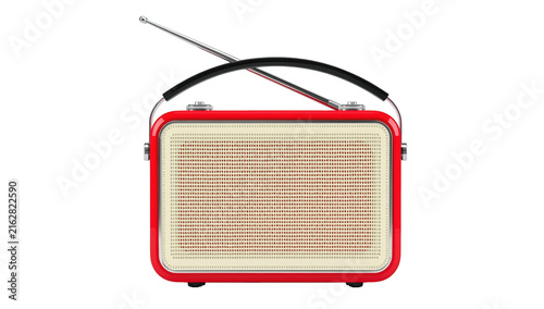 Vintage style red radio receiver with silver antenna and chrome details isolated on a solid black background view isolated on a transparent background