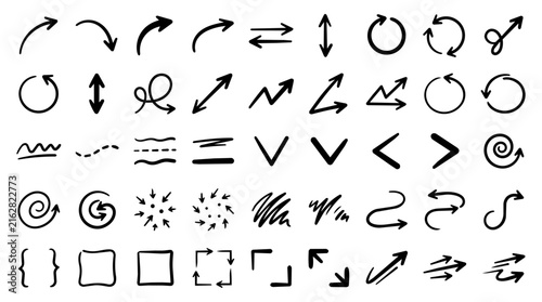 Hand drawn sketch set of vectors, wavy lines, and arrows for design, simple doodle illustration collection, arrows, lines, shapes, circles, brackets, square wave patterns for scrapbooking