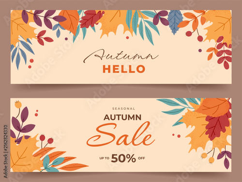 Autumn Sale Banner With Colorful Fall Leaves and Botanical Frame. Seasonal Vector Template With Copy Space For Shopping Promotion Social Media Branding Poster Header Autumn Fall Horizontal Design Card