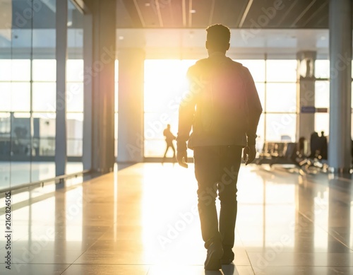 Silhouette of a Person Walking Towards Bright Light in Modern Airport Terminal Interior