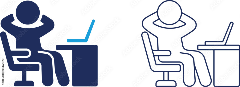 Fototapeta premium Line and fill icon set depicting lazy and unproductive employees, employee, job, person, sleep, procrastination, and time-wasting in a corporate office environment.