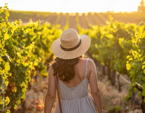 Woman in Straw Hat Walking Through Lush Vineyard at Sunset with Glowing Light and Green Vines
