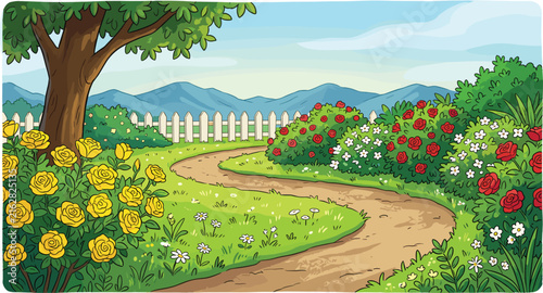 Beautiful Summer Garden Landscape Vector Illustration with Winding Path Blooming Yellow and Red Rose Bushes White Picket Fence and Mountain Background