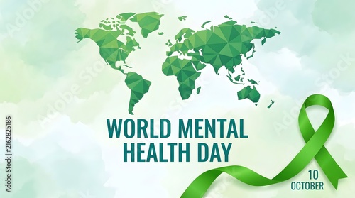 World mental health day awareness campaign featuring a vibrant green ribbon and a world map backdrop encouraging global wellbeing and mental health support for everyone