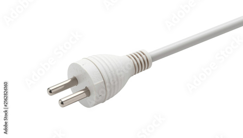 White electrical power plug with two metal prongs and flexible cord isolated against a solid black background isolated on a transparent background