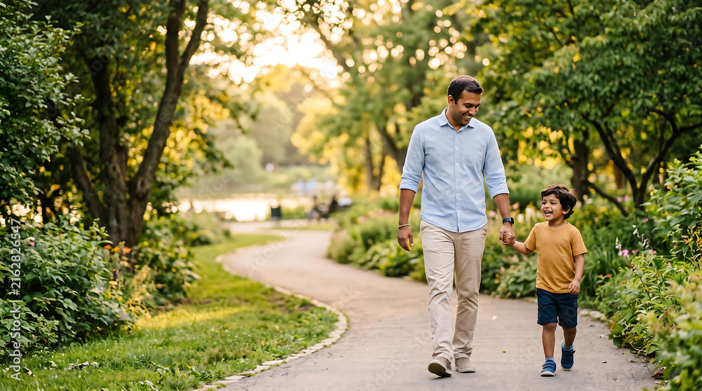 Fototapeta premium Father and Son Walking Together on a Peaceful Nature