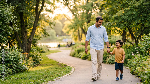 Father and Son Walking Together on a Peaceful Nature