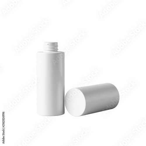 White plastic cosmetic bottle with detached cap isolated on black background, for skincare product packaging isolated on a transparent background
