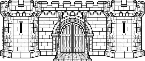 Canvas Print Medieval Castle Gate with Towers and Drawbridge, Line Art