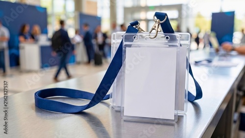 Blank event badges with blue lanyards on registration desk at conference abstract background with flowing shapes and lines