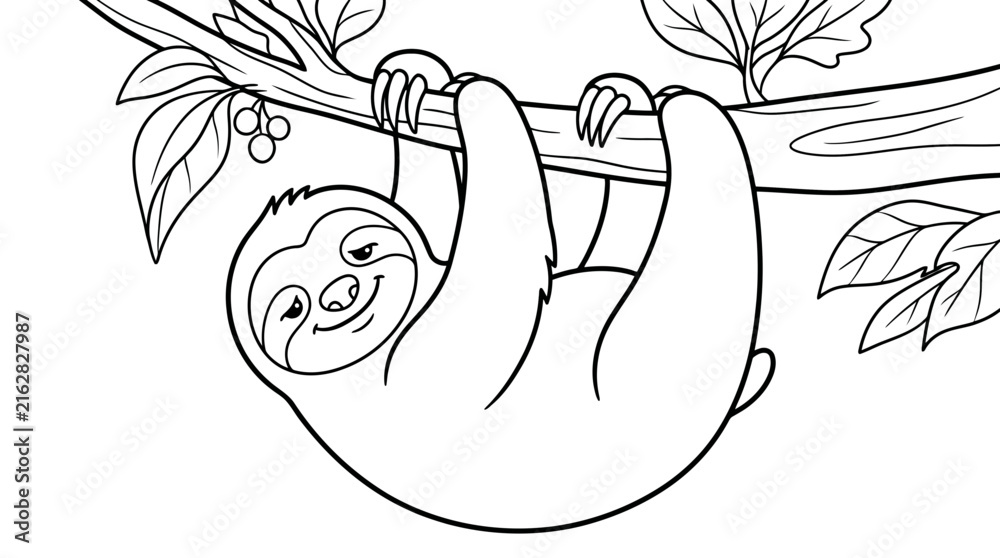 Naklejka premium Cute sloth hanging from a tree branch in a simple black and white illustration