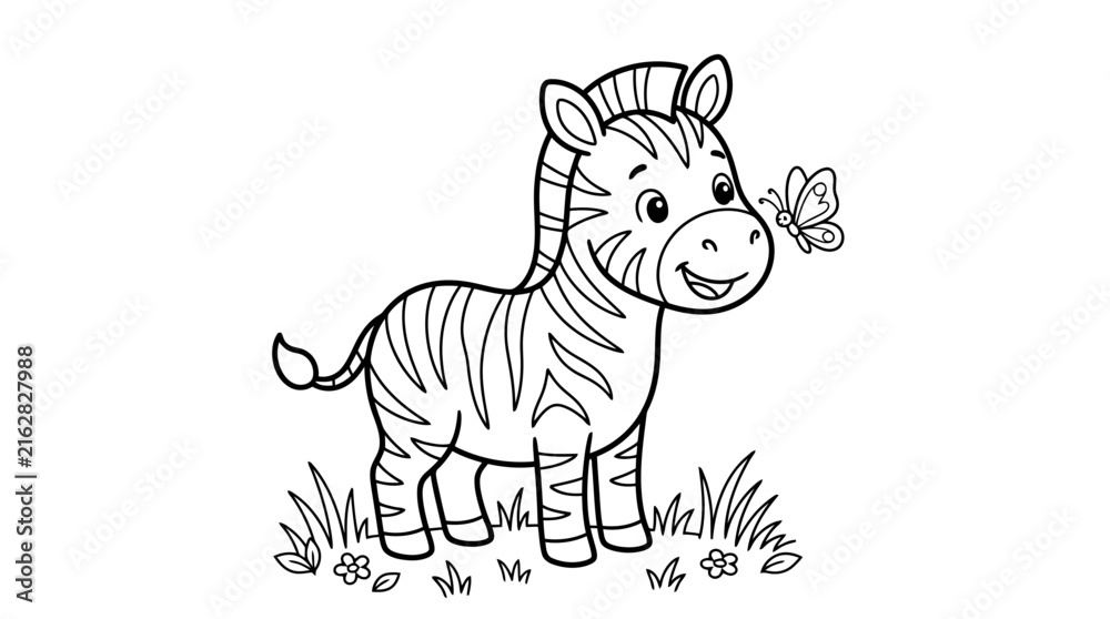 Naklejka premium Adorable baby zebra stands in grass with a butterfly on its nose illustration