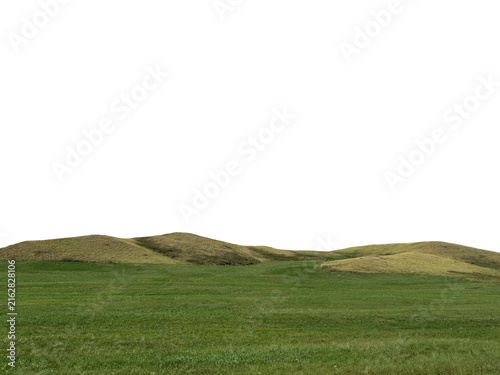 Green rolling hills landscape isolated on transparent background, panoramic countryside