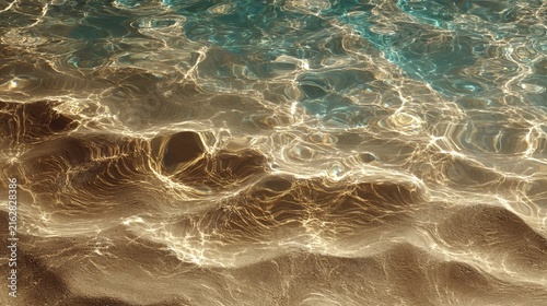 Close-up of sunlit water, rippling over sand, creating intricate patterns of light and shadow, with turquoise hues