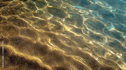 Sunlight dances on the surface of shallow water, illuminating the sandy seabed with golden and blue hues