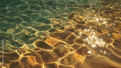 Sunlight dances on clear water over a sandy seabed, creating a shimmering effect. Shades of gold and green blend seamlessly