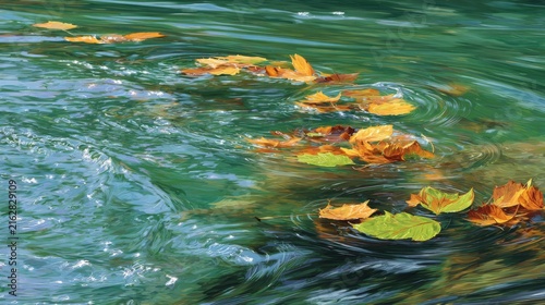 Autumn leaves float on rippling turquoise water, creating patterns of movement and color