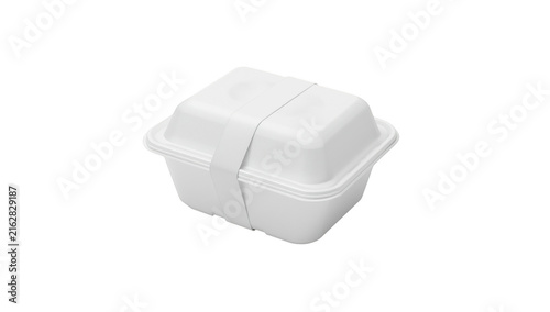 White rectangular styrofoam food container with secure strap isolated on black background, for takeout packaging isolated on a transparent background
