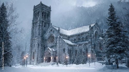 A grand stone cathedral is nestled in a snowy, mountainous landscape. Fog adds a mystical feel