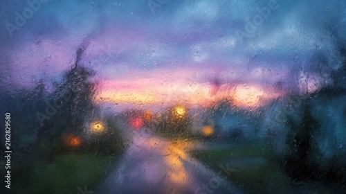 Rain-streaked window view of a road at twilight with blurry lights and muted colors of a sunset