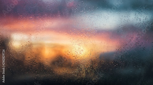 Through a rain-streaked pane, the vibrant sunset blends with a moody sky, creating a soft, blurred and calming atmosphere
