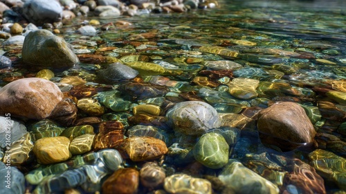 Shallow, clear water reveals a bed of multicolored rocks. Sunlight filters through the liquid, illuminating the stones