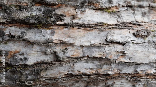 Close-up of rough tree bark with shades of gray, brown and green. The textured surface shows cracks and layers
