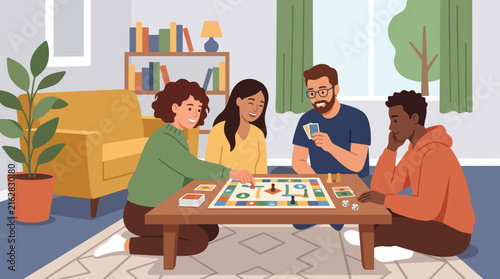 Diverse group of friends playing a board game in a cozy living room