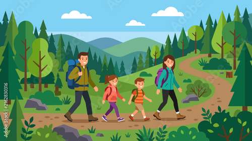 Happy family hiking on a mountain forest trail during summer