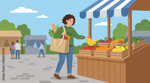 Woman shopping for fresh produce at an outdoor farmers market