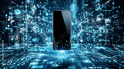 Smartphone with Digital Network and Technology Interface Background