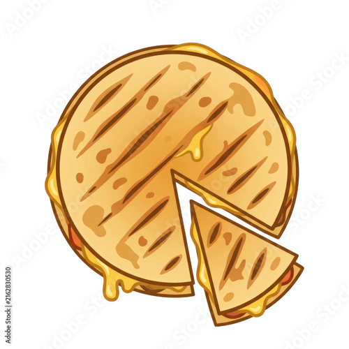 Delicious grilled cheese quesadilla, comforting and cheesy meal with slice removed to reveal savory filling and gooey melted cheese, evoking feelings of satisfaction and enjoyment