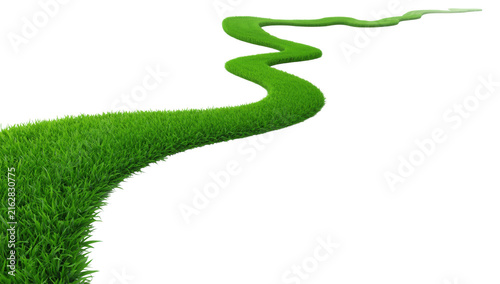 Winding path made of lush green grass stretching into the distance against a deep black studio background isolated on a transparent background
