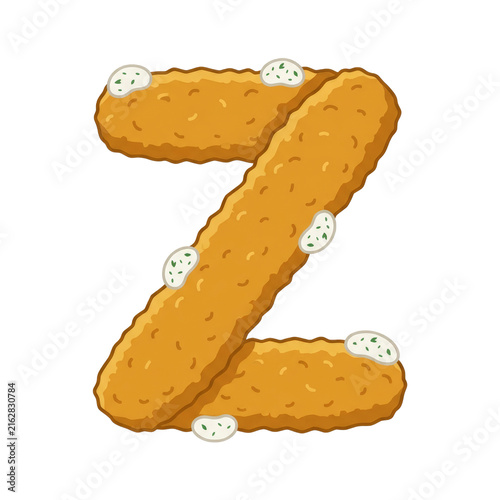 Letter Z shaped from fish fingers with white sauce on top, playful and creative way to represent letter for educational or culinary themes, evoking sense of fun and deliciousness