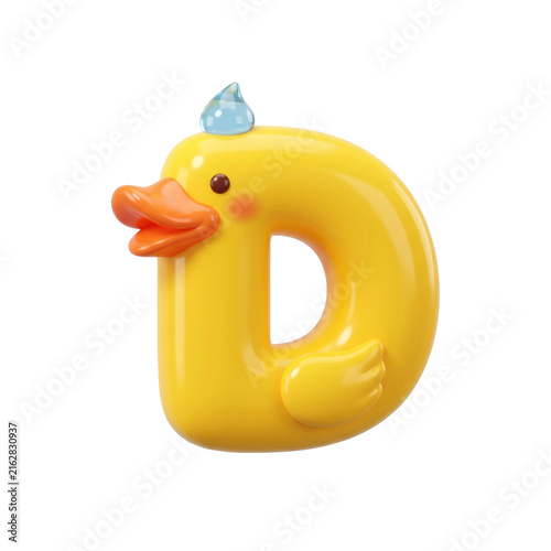 Cute yellow rubber duck alphabet letter D with blue hat, symbolizing joy and playful learning