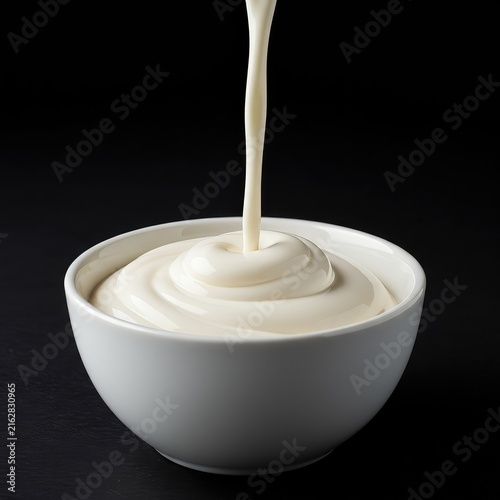 A rich swirl of heavy whipping cream poured slowly into a plain white ceramic bowl, showcasing its smooth texture and dense opacity ,organic ,liquid ,indulgence