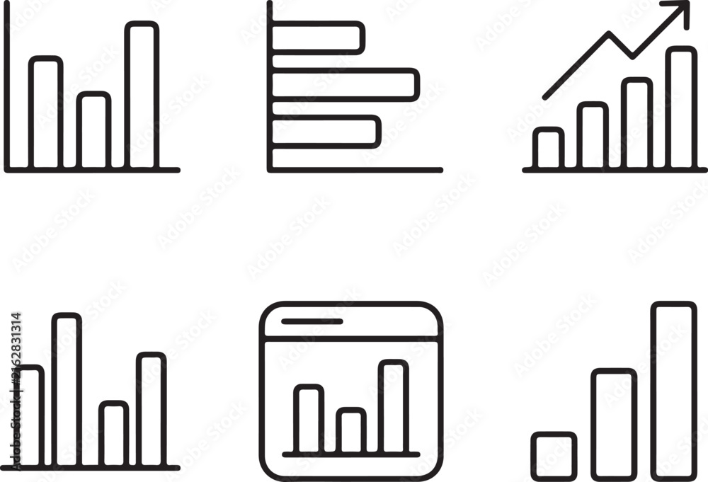 Obraz premium Financial business bar chart and growth graph icon set in thin line style