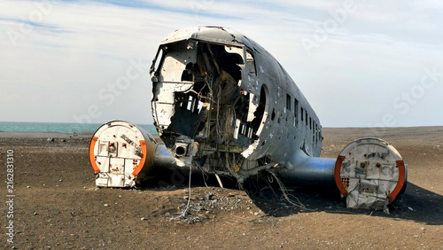 Airplane wreck on the beach in Iceland, abstract scene in landscape
