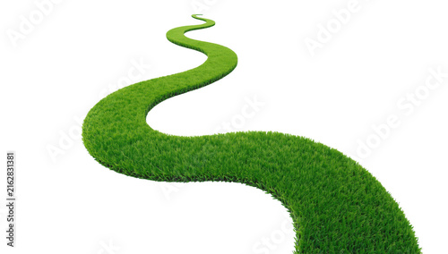 Winding path made of lush green grass curving into the distance isolated on a solid deep black background surface isolated on a transparent background