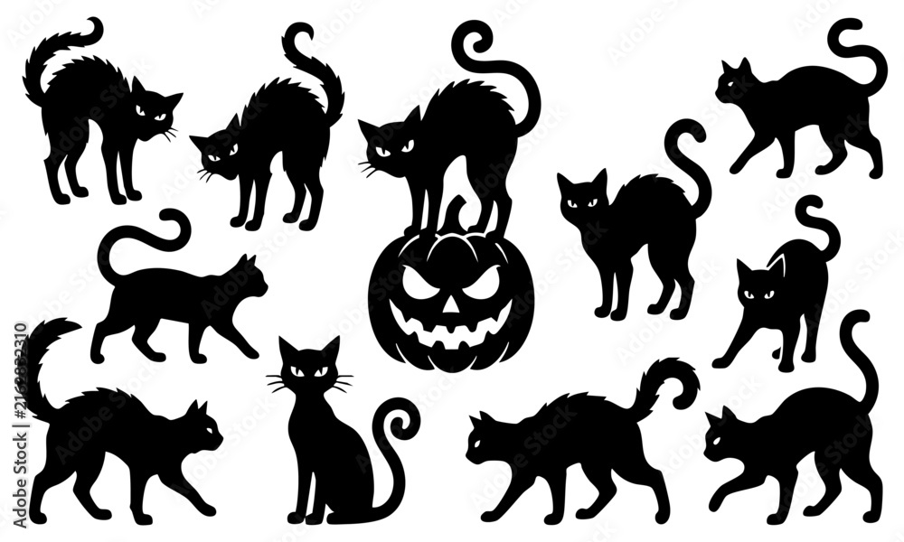 Obraz premium Set of black cats and a spooky pumpkin lantern for halloween party decorations and designs