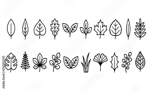 Set of simple black line leaf icons representing various forest plants and garden foliage