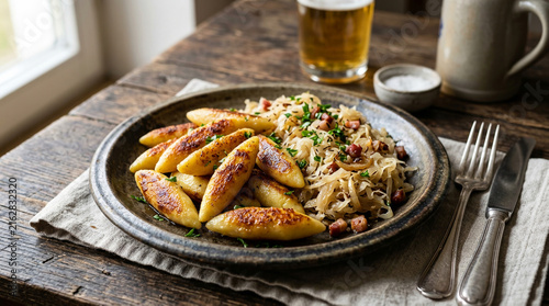 Traditional Czech dumplings with sauerkraut and a glass of beer, a hearty and flavorful meal