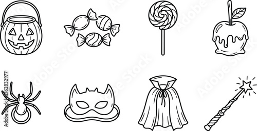 Bild auf Leinwand Halloween Celebration Line Icon Set with Jack O Lantern Basket Candies Caramel A