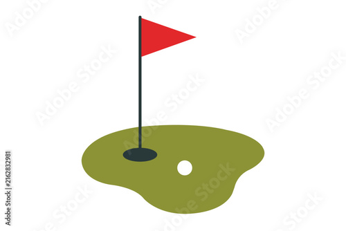 Картината върху платно Golf course hole putting green with red flag and ball vector illustration, flat