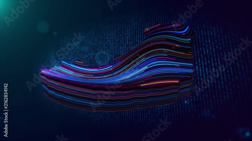 Animated motion graphic featuring a 3D glowing Hungary map revealing on a blue particle grid screen with luminous text overlay and dynamic light effects.