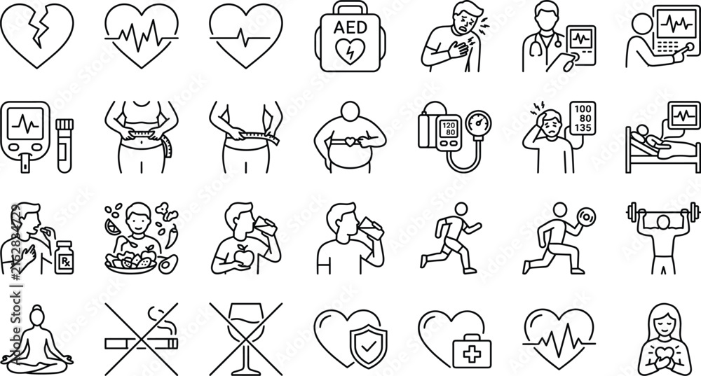 Fototapeta premium Heart Health and Cardiovascular Disease Prevention Line Icon Set Featuring Chest Pain Heartbeat Glucometer Hypertension Medication Workout and Healthy Diet Symbols